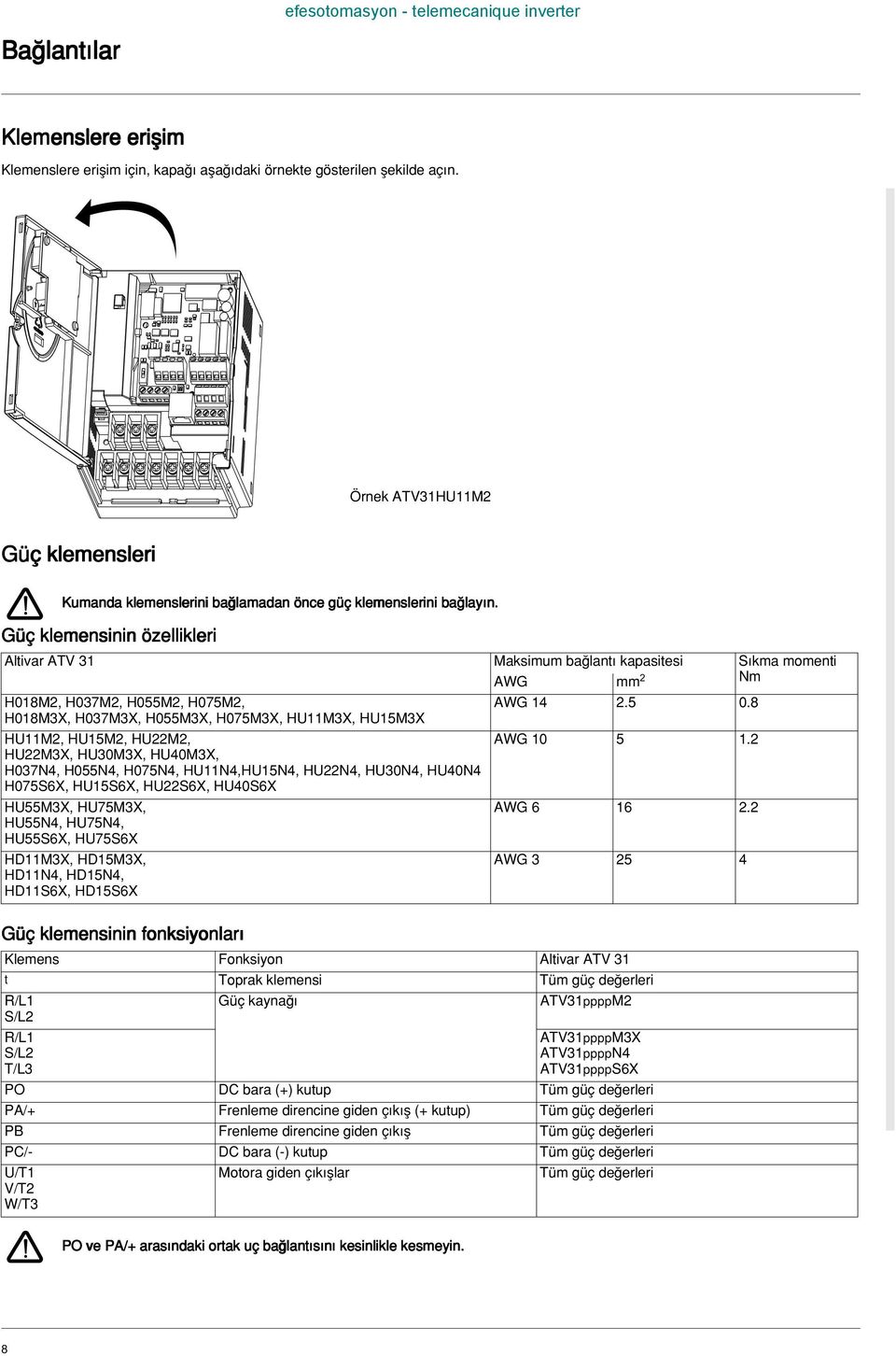 Güç klemensinin özellikleri Altivar ATV 31 Maksimum ba lant kapasitesi S kma momenti Nm AWG H018M, H037M, H055M, H075M, H018M3X, H037M3X, H055M3X, H075M3X, HU11M3X, HU15M3X HU11M, HU15M, HUM, HUM3X,