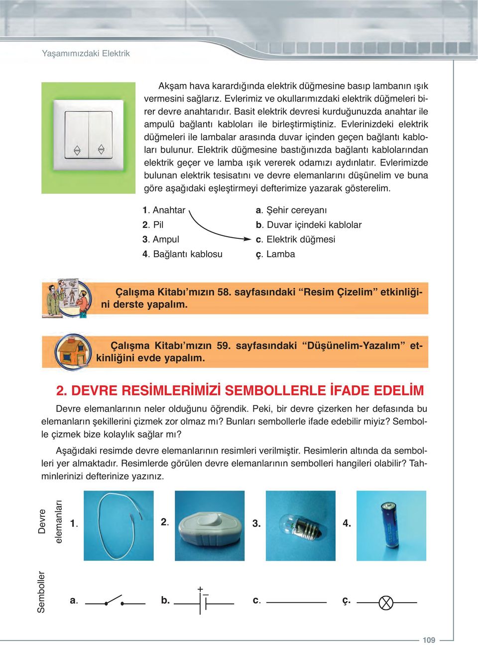 Elektrik düğmesine bastığınızda bağlantı kablolarından elektrik geçer ve lamba ışık vererek odamızı aydınlatır.