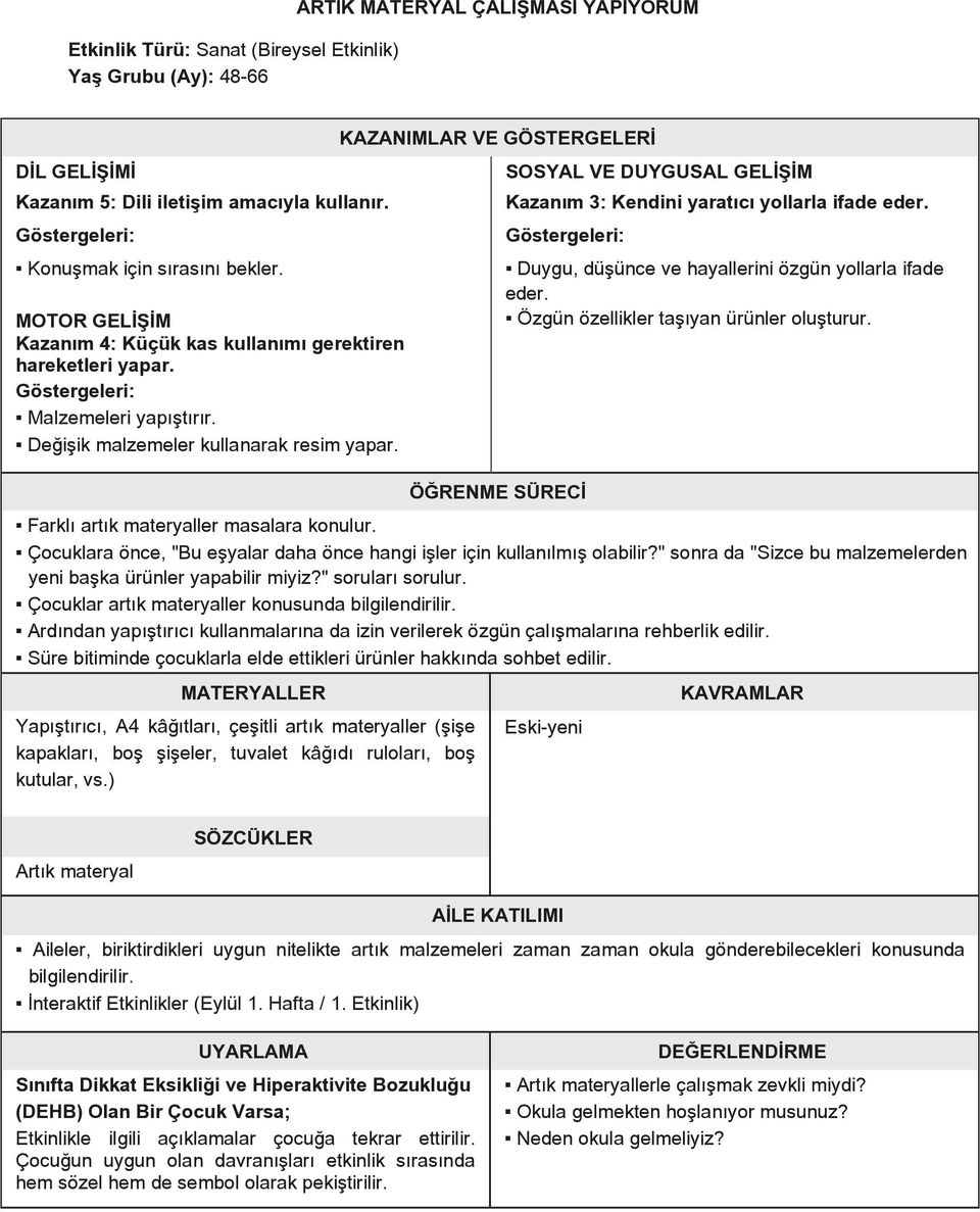 KAZANIMLAR VE GÖSTERGELERİ SOSYAL VE DUYGUSAL GELİŞİM Kazanım 3: Kendini yaratıcı yollarla ifade eder. ÖĞRENME SÜRECİ Duygu, düşünce ve hayallerini özgün yollarla ifade eder.