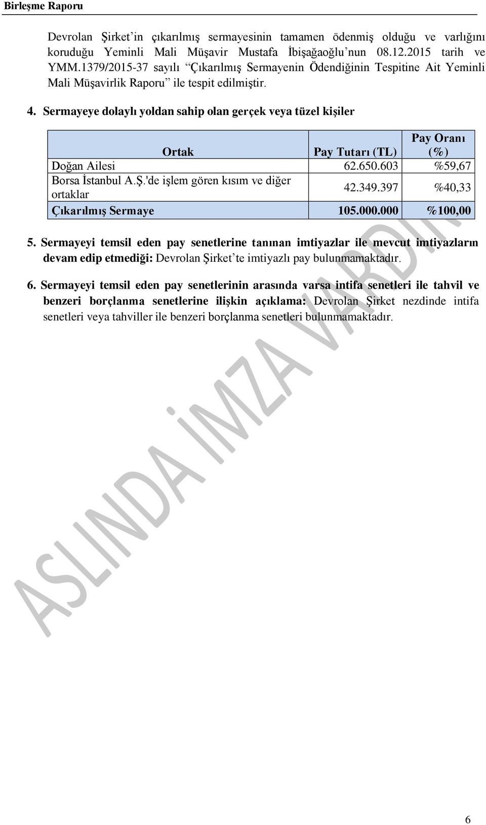 Sermayeye dolaylı yoldan sahip olan gerçek veya tüzel kişiler Ortak Pay Tutarı (TL) Pay Oranı (%) Doğan Ailesi 62.650.603 %59,67 Borsa İstanbul A.Ş.'de işlem gören kısım ve diğer ortaklar 42.349.