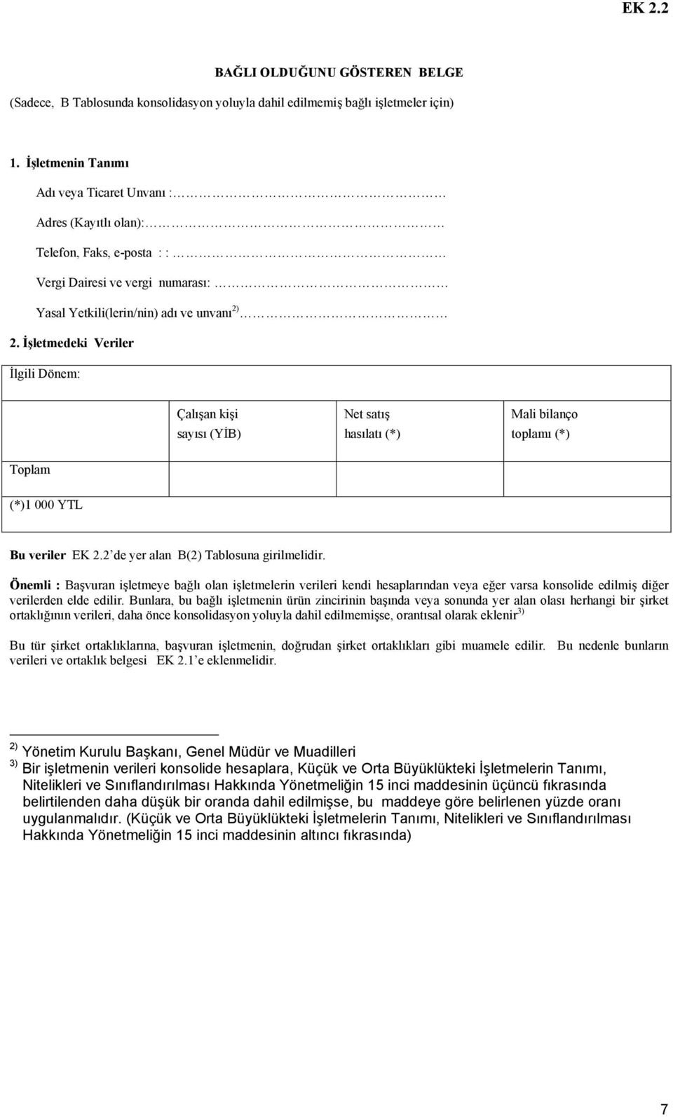 İşletmedeki Veriler İlgili Dönem: Çalışan kişi sayısı (YİB) Net satış hasılatı (*) Mali bilanço toplamı (*) Toplam (*)1 000 YTL Bu veriler EK 2.2 de yer alan B(2) Tablosuna girilmelidir.