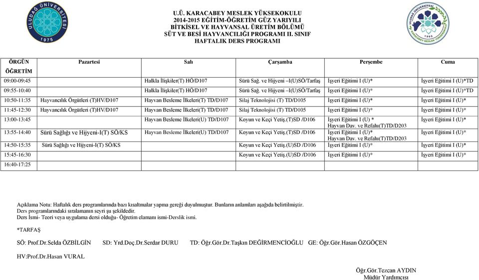 ve Hijyeni I(U)SÖ/Tarfaş İşyeri Eğitimi I (U)* İşyeri Eğitimi I (U)*TD 10:50-11:35 Hayvancılık Örgütleri (T)HV/D107 Hayvan Besleme İlkeleri(T) TD/D107 Silaj Teknolojisi (T) TD/D105 İşyeri Eğitimi I