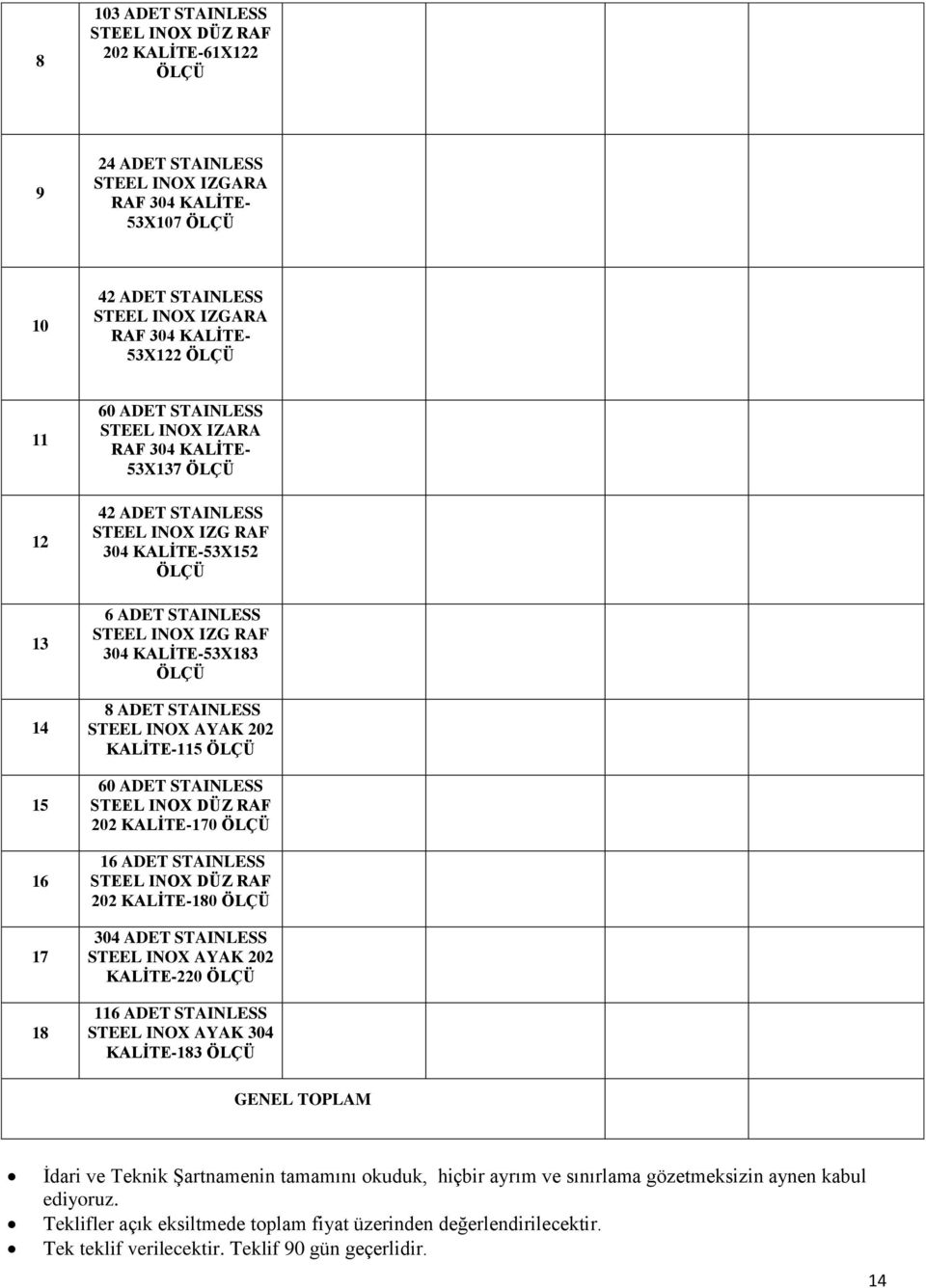 STAINLESS 202-170 16 ADET STAINLESS 202-180 304 ADET STAINLESS STEEL INOX AYAK 202-220 116 ADET STAINLESS STEEL INOX AYAK 304-183 GENEL TOPLAM İdari ve Teknik Şartnamenin tamamını