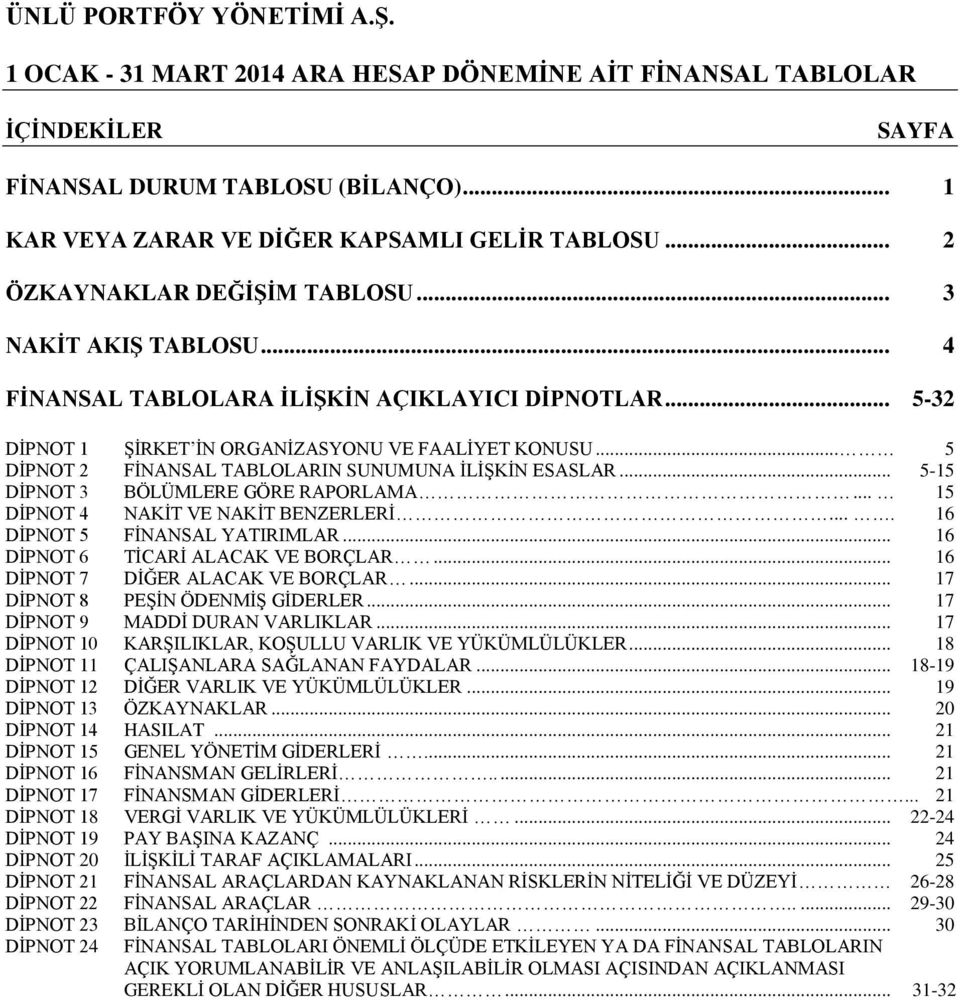 .. 15 DİPNOT 4 NAKİT VE NAKİT BENZERLERİ.... 16 DİPNOT 5 FİNANSAL YATIRIMLAR... 16 DİPNOT 6 TİCARİ ALACAK VE BORÇLAR... 16 DİPNOT 7 DİĞER ALACAK VE BORÇLAR... 17 DİPNOT 8 PEŞİN ÖDENMİŞ GİDERLER.