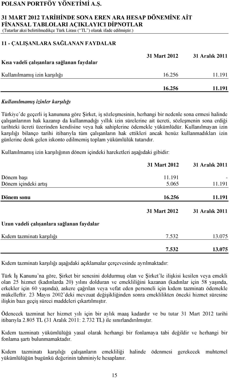 191 Türkiye de geçerli iş kanununa göre Şirket, iş sözleşmesinin, herhangi bir nedenle sona ermesi halinde çalışanlarının hak kazanıp da kullanmadığı yıllık izin sürelerine ait ücreti, sözleşmenin