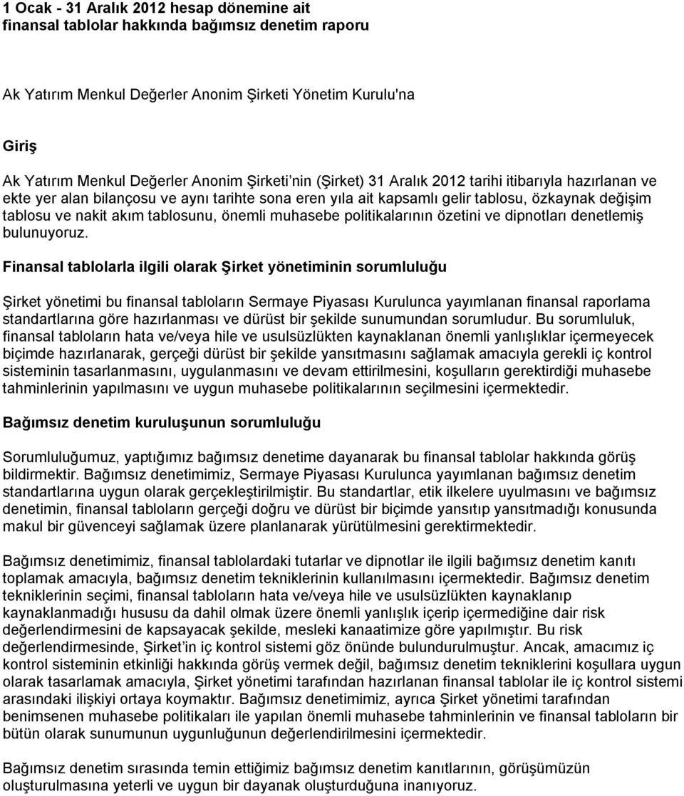 tablosunu, önemli muhasebe politikalarının özetini ve dipnotları denetlemiş bulunuyoruz.