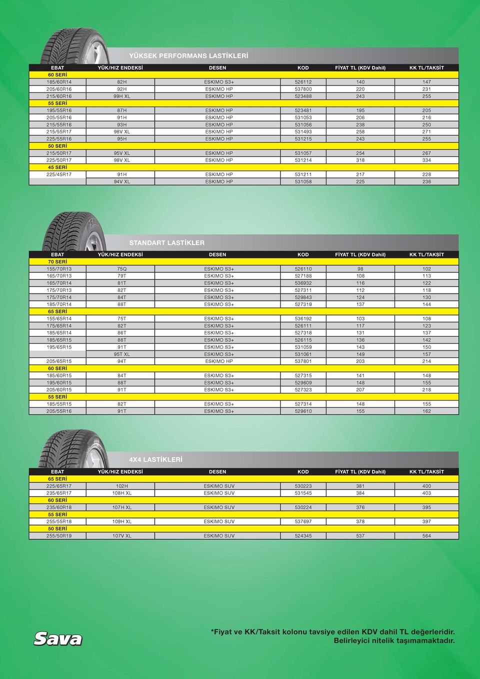 225/50R17 98V XL ESKIMO HP 531214 318 334 225/45R17 91H ESKIMO HP 531211 217 228 94V XL ESKIMO HP 531058 225 236 STANDART LASTİKLER 155/70R13 75Q ESKIMO S3+ 526110 98 102 165/70R13 79T ESKIMO S3+