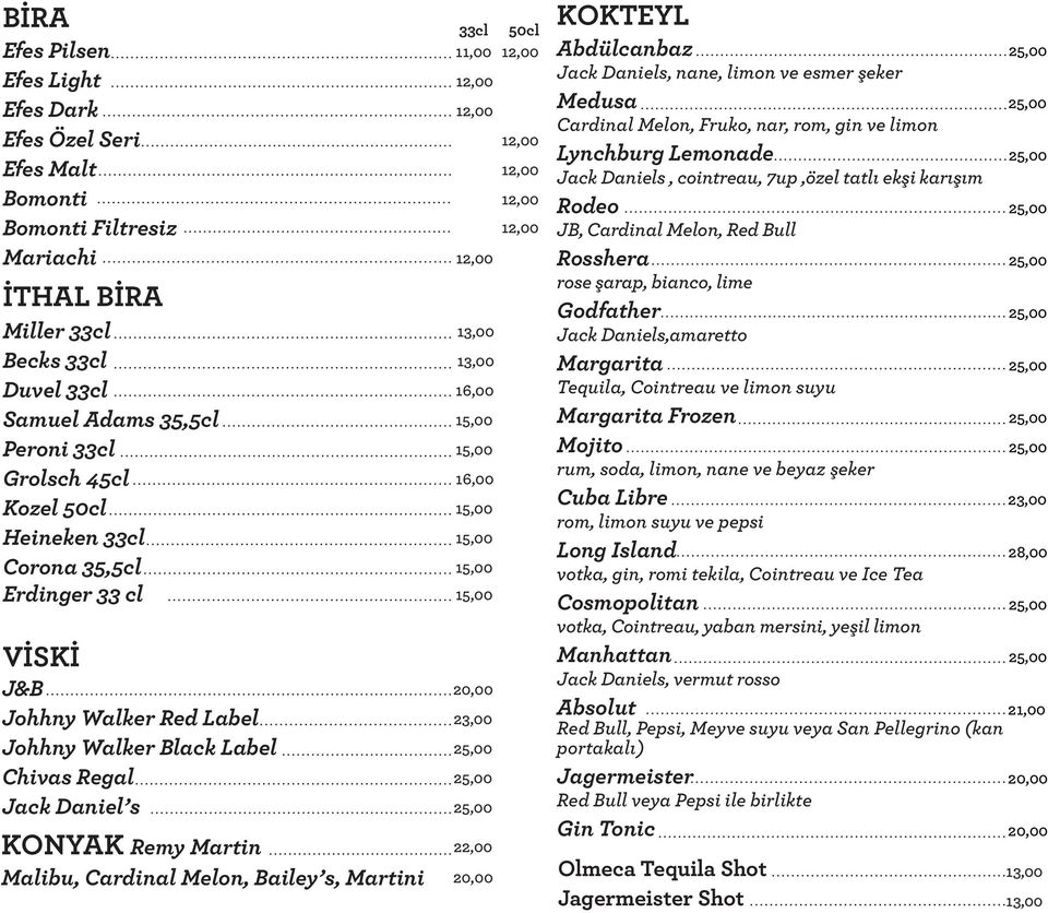 s, Martini 33cl 11,00 50cl KOKTEYL Abdülcanbaz Jack Daniels, nane, limon ve esmer şeker Medusa Cardinal Melon, Fruko, nar, rom, gin ve limon Lynchburg Lemonade Jack Daniels, cointreau, 7up,özel tatlı