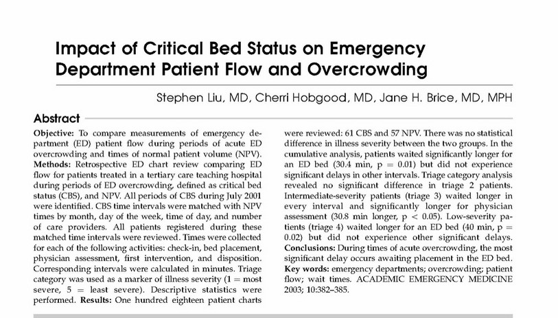 Akut kalabalık durumlarında AS hastalarının en uzun bekleten faktör yatağa yatırılma süreci Liu S, Hobgood C, Brice JH.