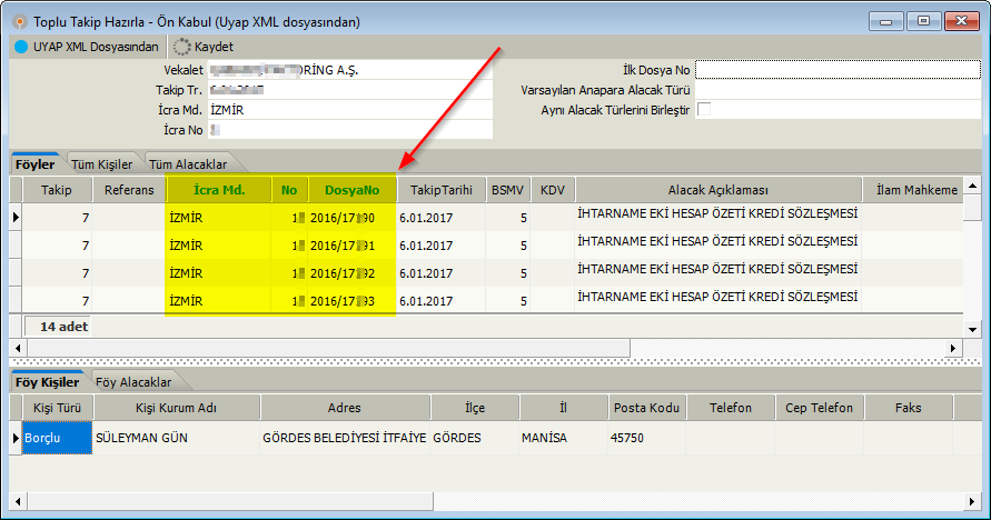 XML dosyasından Toplu Takip Açma işlemlerinde icra müdürlüğü ve dosya no bilgisinin XML dosyasından alınabilmesi sağlanmıştır.