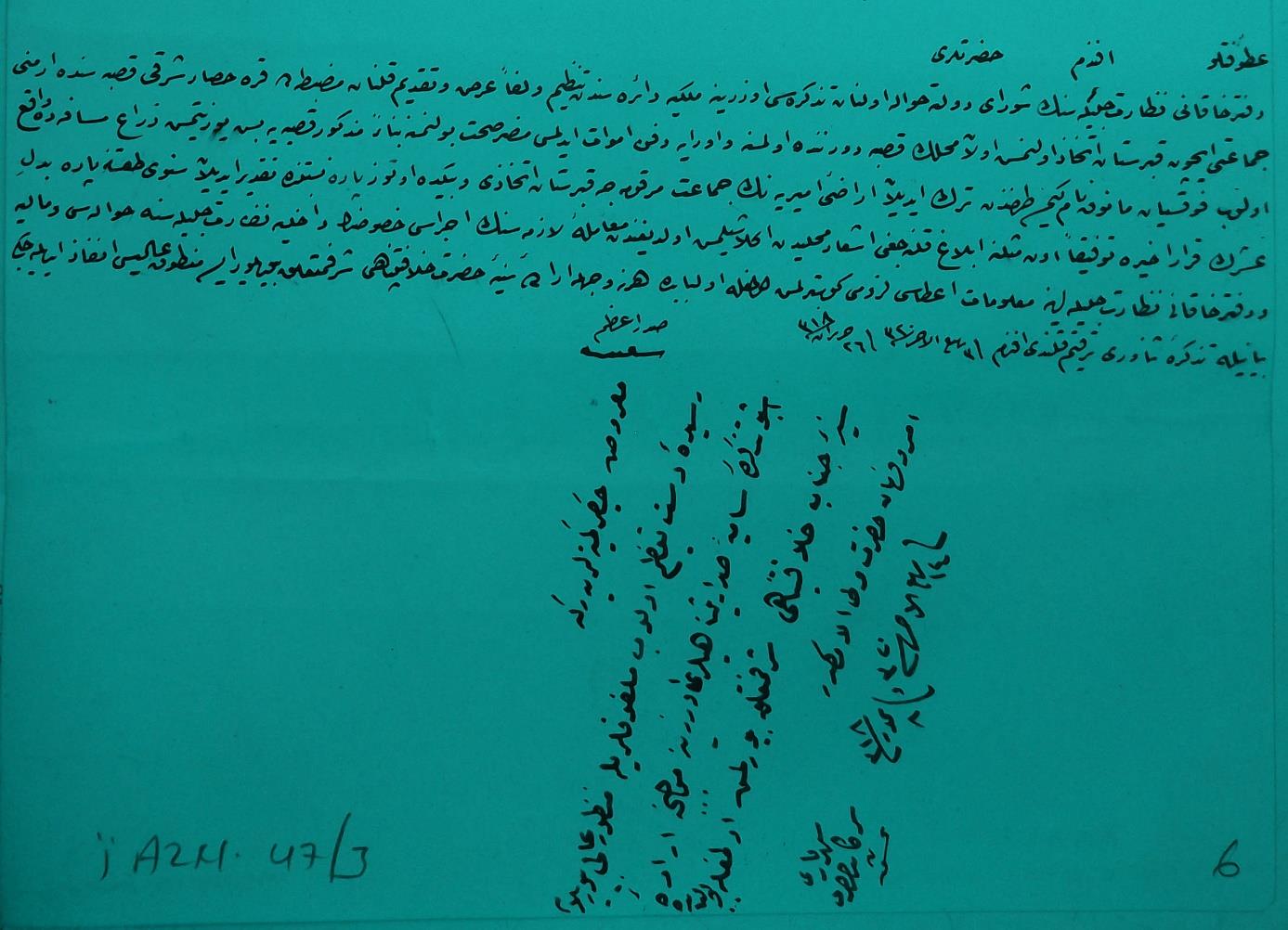 Atufetli Efendim Hazretleri, Defter-i hâkâni nezareti celilesinin Şûrâ-yı Devlet e havale olunan tezkeresi üzerine mülkiye dairesinden tanzim ve leffen arz ve takdim kılınan mazbata da Karahisar-i