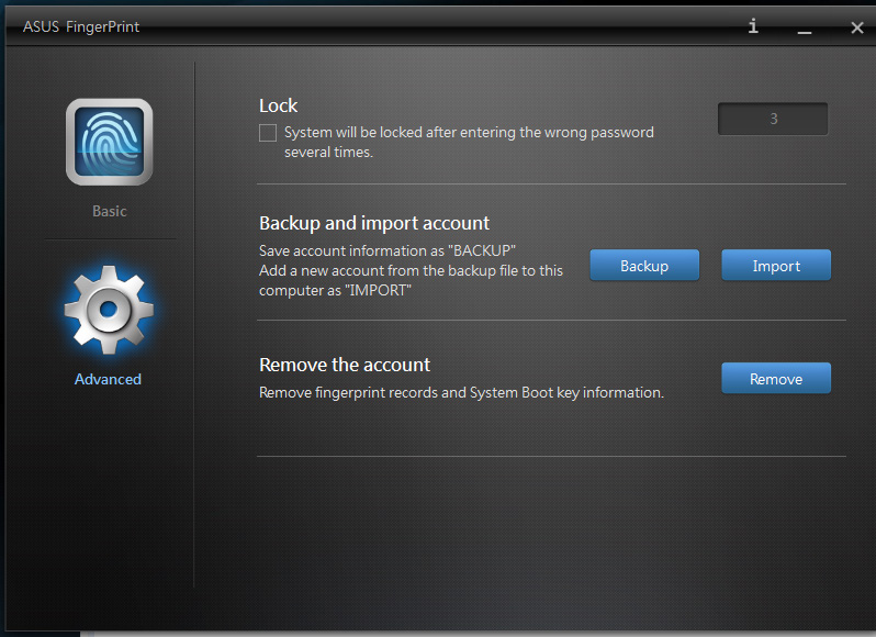 Advanced (Gelişmiş) ASUS FingerPrint Gelişmiş ayarları, yanlış parola ya da parmak izi tespit edildiğinde seçenekleri kilitleme, hesap bilgilerinizi