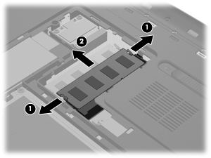 6. Kapak serbest kalana dek pil serbest bırakma mandalını kaydırın (1), sonra da kapağı kaldırıp çıkarın (2). 7. Bellek modülünü değiştiriyorsanız, mevcut bellek modülünü çıkarın: a.