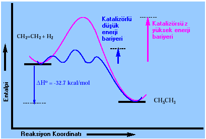 CH 3 -(CH 2 ) 7 -CH=CH-(CH 2 ) 7 -COOH + H 2 (Paney nikel; 5atm, 100 o ) CH 3 -(CH 2 ) 6 -COOH Oleik Asit Stearik asit Şekil 2.1 Hidrojenasyon tepkimesi enerji yol izi 2.