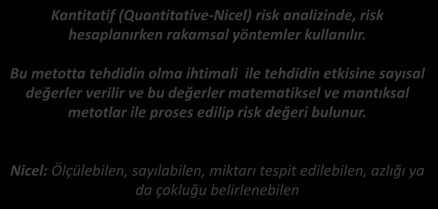 RİSK METODOLOJİLERİ (YÖNTEMLERİ-TEKNİKLERİ) KANTİTATİF (NİCEL SAYISAL RAKAMSAL) METOD Kantitatif (Quantitative-Nicel) risk analizinde, risk hesaplanırken rakamsal yöntemler kullanılır.