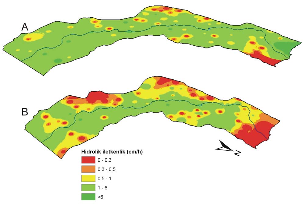 Şekil 2 de 0-30 cm derinlik, Şekil 3 te ise 30-120 cm derinlikte en düşük hidrolik iletkenlik değeri ile bu değerin alındığı katmana ait toprak tekstürü kullanılarak oluşturulmuş dağılım haritaları