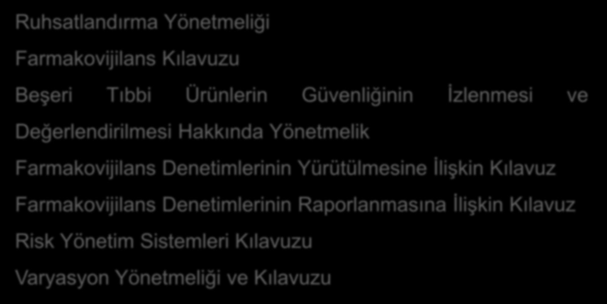 Ülkemizde Mevzuat Ruhsatlandırma Yönetmeliği Farmakovijilans Kılavuzu Beşeri Tıbbi Ürünlerin Güvenliğinin İzlenmesi ve Değerlendirilmesi Hakkında Yönetmelik Farmakovijilans