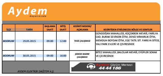 BODRUM DA ELEKTRİK KESİNTİSİ AYDEM den yapılan açıklamayua göre 29 ve 30 mayıs tarihlerinde Bodrum Gündoğan ve Bitez mahallelerinde elektrik kesintisi programı şöyledir.