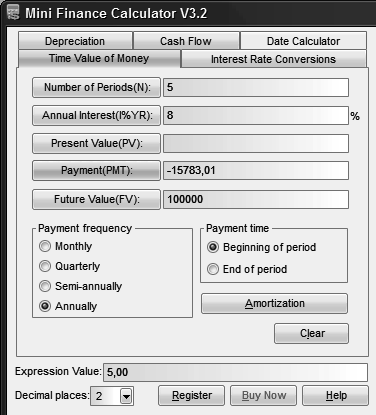 Örnek 4.10 un Finansal Hesaplayıcı Bilgisayar Programı ile Çözümü: Resim 4.4: Mini Finance Calculator Programı Örnek 4.10 nun Çözüm Ekranı 1.
