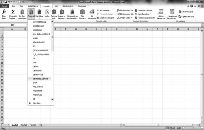 Örnek 4.11 in Excel(MS Office 2010 sürümü) ile Çözümü: Resim 4.4: Excel de Anüite Devresel Ödemesini (Taksiti) Hesaplama Penceresinin Açılışı 1. Adım: Excel ana sayfasında formüller sekmesi tıklanır.