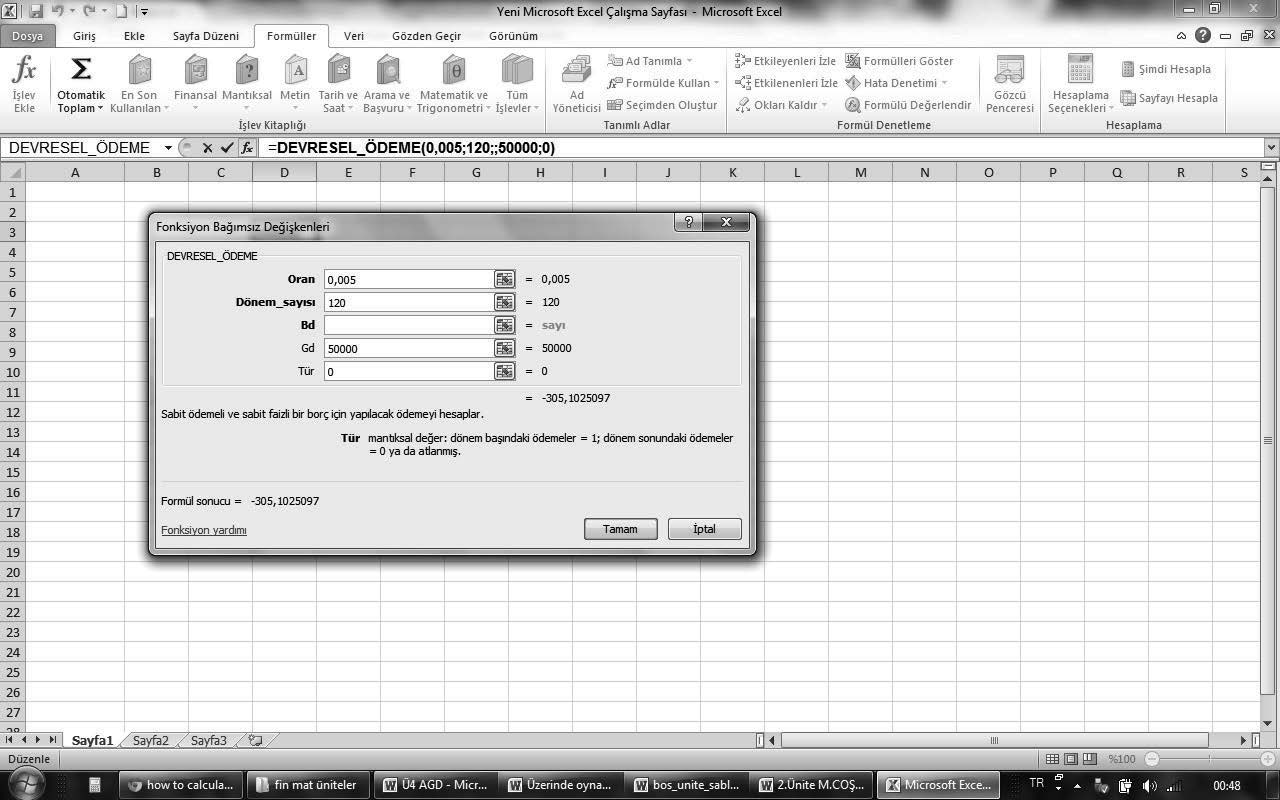 Resim 4.5: Excel de Örnek 4.11 in Çözüm Sayfası Not: Excel in 2010 dışındaki sürümleri ile de aynı hesaplama yapılabilmekle birlikte pencerelerin görünümü bir ölçüde farklı olabilir.