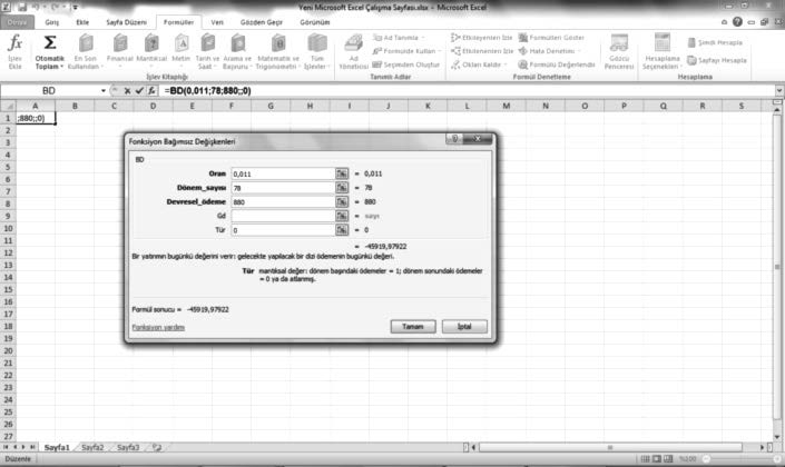 Resim 5.3: Excel de Örnek 5.2 nin Çözüm Sayfası Not: Excel in 2010 dışındaki sürümleri ile de aynı hesaplama yapılabilmekle birlikte pencerelerin görünümü bir ölçüde farklı olabilir.