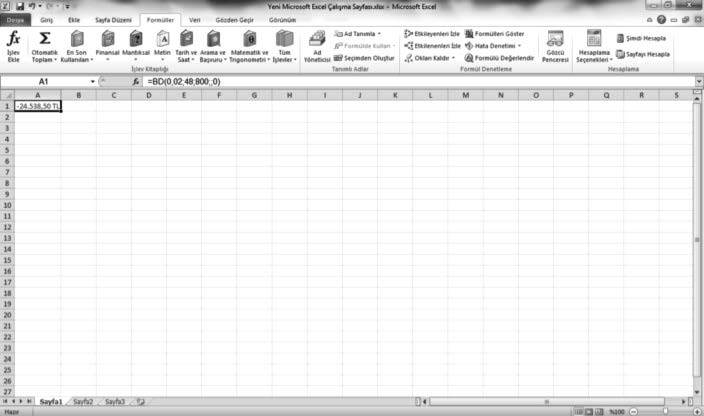 1. Adım: Excel ana sayfasında formüller sekmesi tıklanır. Açılan üst menüden finansal bölümüne tıklayıp alt menüsü açılarak BD (Bugünkü Değer (bir dizi ödemenin)) seçeneği seçilir.