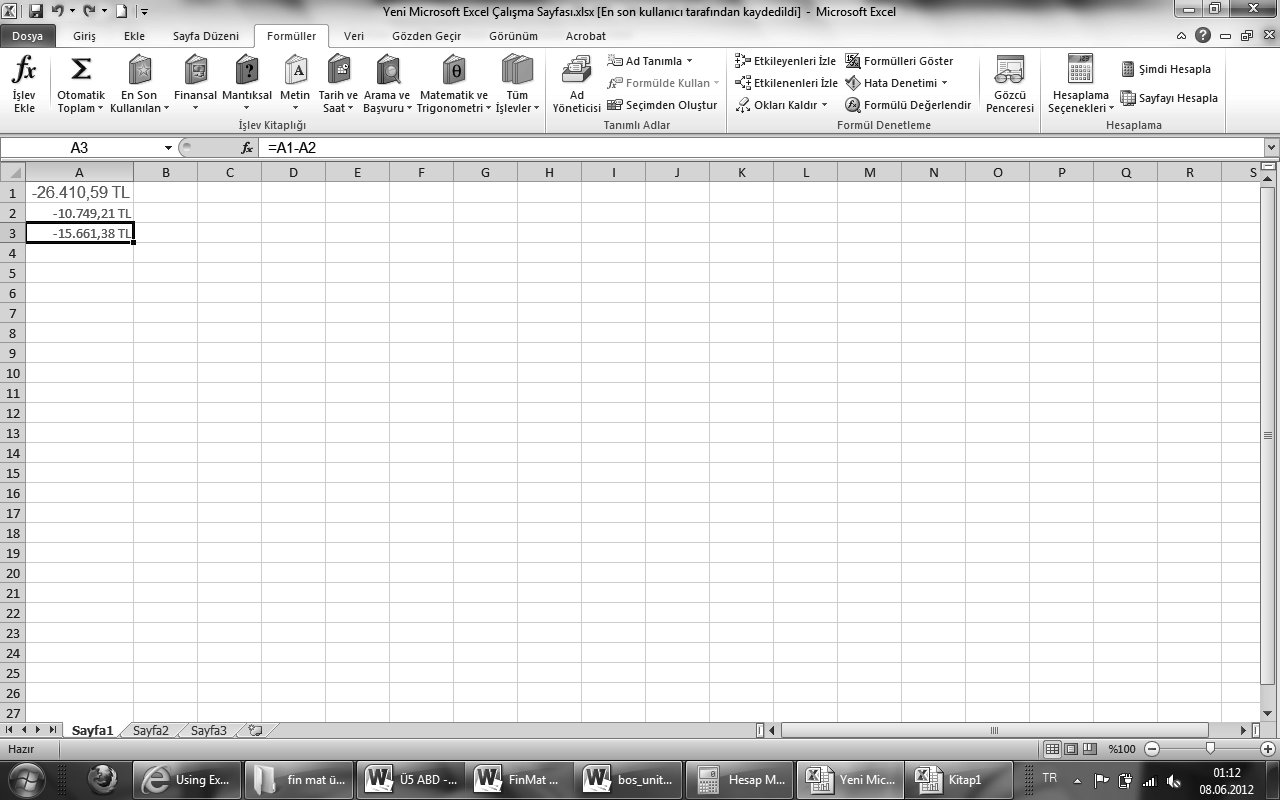 Resim 5.11: Excel de Örnek 5.11 nin Çözüm Sayfası - 3 Nolu Pencere Örnek 5.12: Bir buzdolabı almak isteyen bir şahsa peşin 2.