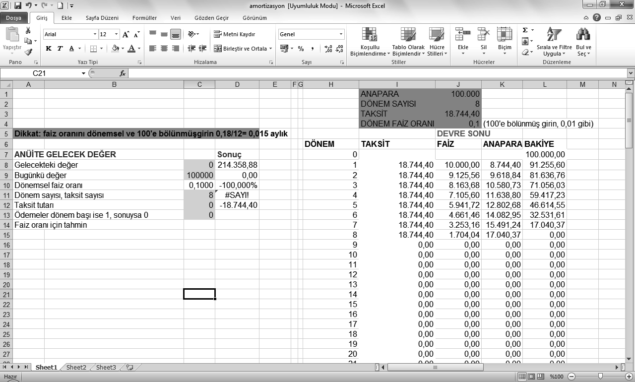 Resim 6.2: Excel de Hazırlanmış Amortisman (İtfa) Planı Programı Resim 6.3: Excel de Hazırlanmış İtfa Planı Programında Örnek 6.