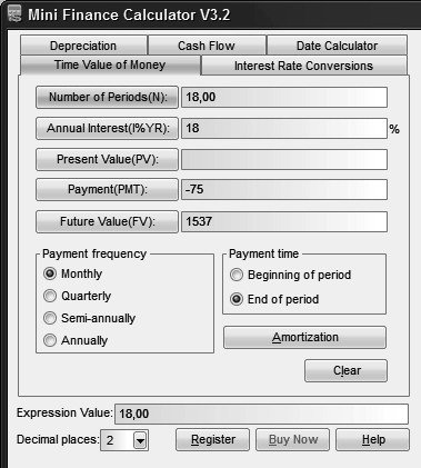 Resim 4.2: Mini Finance Calculator Programı Örnek 4.7 nin Çözüm Ekranı 1. Adım: Time Value of Money (Paranın Zaman Değeri) sekmesi açılır. 2.