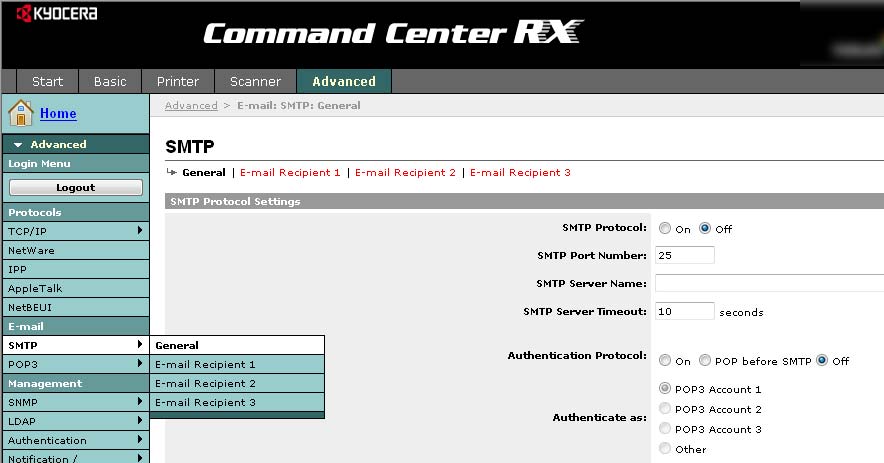 Kullanmadan Önce Hazırlık > Command Center RX (E-posta Ayarları) E-posta Gönderme SMTP ayarlarının yapılması, bu makineye yüklenen görüntüleri E-posta eki olarak gönderebilmenizi sağlar.