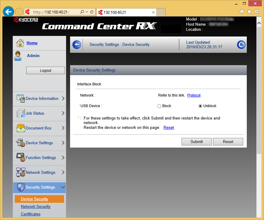 Makinenin Kurulması ve Ayarlanması > Command Center RX 2 Güvenlik ayarlarını yapılandırın.