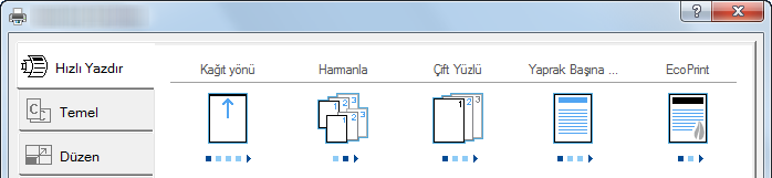 PC'den yazdırırken > Yazıcı Sürücüsü Özellikleri Ekranı Yazıcı Sürücüsü Özellikleri Ekranı Yazıcı sürücüsü özellikleri ekranı, yazdırma ile ilgili çeşitli ayarları yapılandırmanıza izin verir.