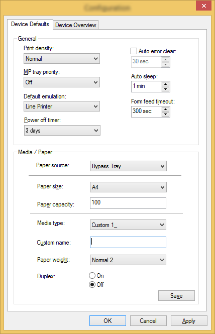 PC'den yazdırırken > Configuration Tool Configuration Tool Ayarlar Ekranı Cihaz Varsayılan Ayarları Makinenin enerji tasarrufu işlevini ve yazıcı sürücüsü varsayılan ayarlarını yapılandırın.