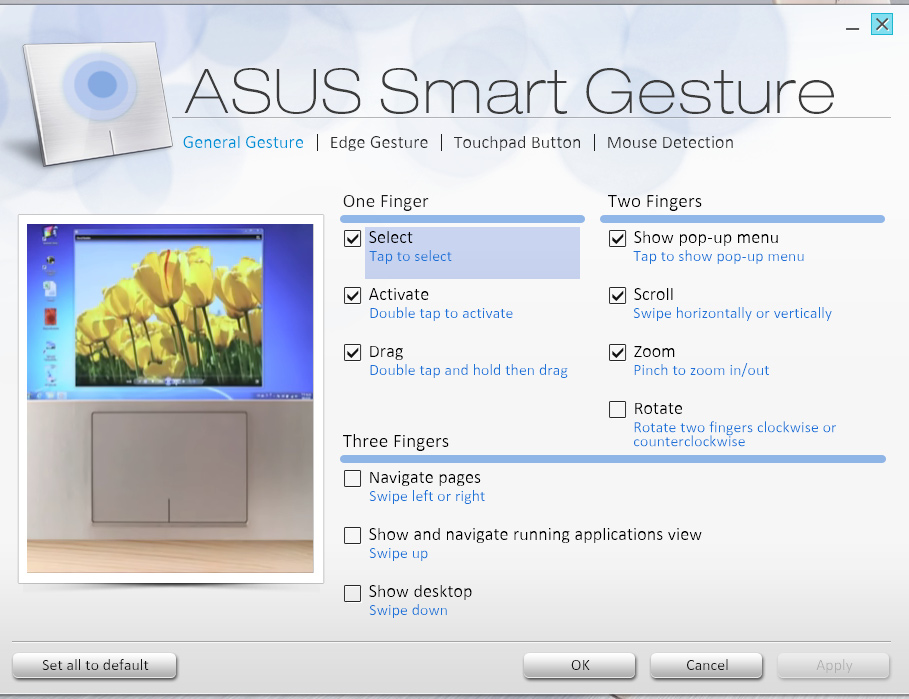 3. ASUS Smart Gesture penceresinde, Üç Parmak bölümü altında etkinleştirmek istediğiniz hareketleri işaretleyin. 4.
