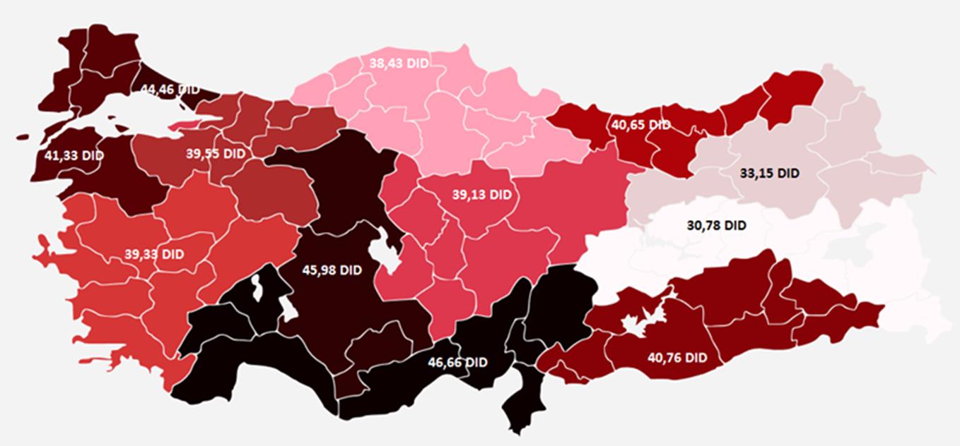 DID 44,46 Orta Anadolu Bölgesi DID 39,13 Batı Marmara Bölgesi DID 41,31 Batı Karadeniz Bölgesi DID 38,43 Güneydoğu