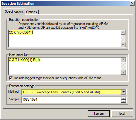 4. ADIM: Yaptığınız değişiklikleri kaydetmek için çalışma penceresi menü çubuğunda Save 11.3. EViews TSLS metodu ile iki aşamalı EKK regresyon tahmini CO t = 24.73 + 0.44YD t + 0.