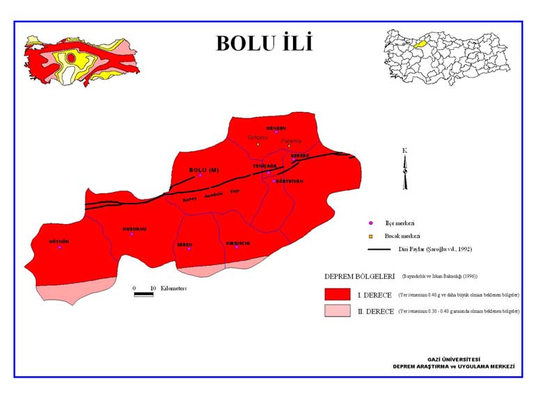 Tablo 1: Bolu iline bağlı ilçelerin deprem bölgeleri haritalarına göre durumu (Pampal ve Özmen, 2009) İLÇE 1945 Haritası 1947 Haritası 1963 Haritası 1972 Haritası 1996 Haritası BOLU (M) Tehlikeli I.