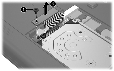 10. Sabit disk sürücüsünün tutma dirseğini (2) çıkarın. 11. Sabit disk sürücüsünün kablo konektör vidasını (1) çıkarın. 12.