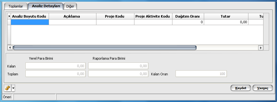 Talep Fişi Analiz Detayları Talep fişi ile kaydedilen işlemlerin etkileyeceği analiz boyutları ve projeleri fiş üzerinde alt bölümde yer alan Analiz Detayları seçeneği ile kaydedilir.