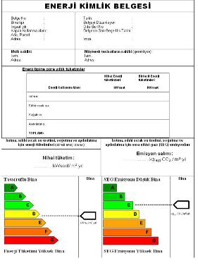 Enerji kimlik belgesi ONİKİNCİ BÖLÜM Asgari olarak binanın enerji ihtiyacı ve enerji tüketim sınıflandırması, yalıtım özellikleri ve ısıtma ve/veya soğutma sistemlerinin verimi ile ilgili bilgileri