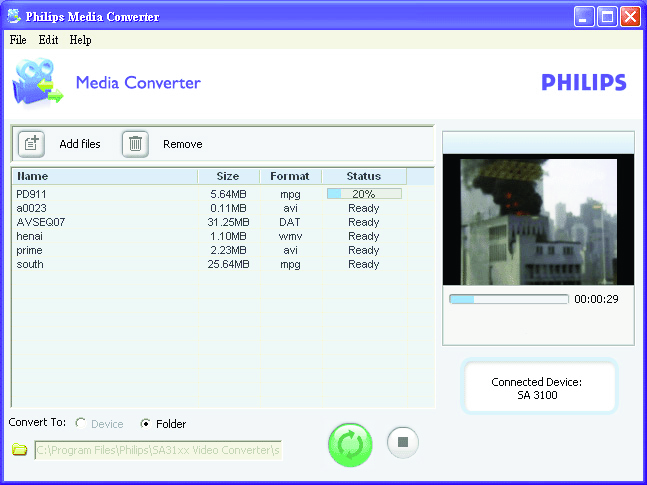 4.3.2 Media Converter Philips Media Converter video klipleri ve JPEG resimleri player için uygun formata dönüştürür. Yazılımı temin edilmiş CDE den kurabilirsiniz.