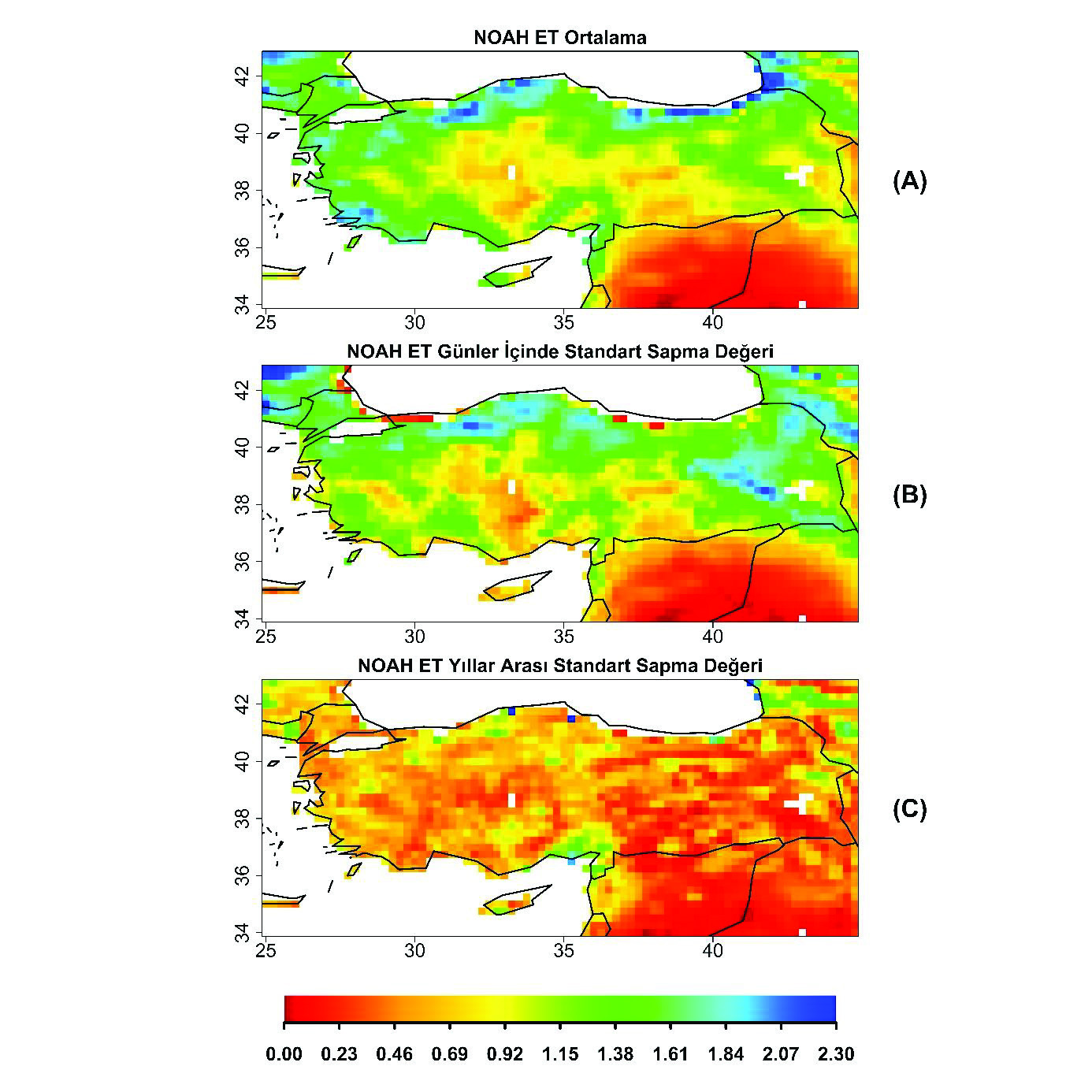 Türkiye deki 2000-2015 yılları arasındaki evapotranspirasyonun NOAH hidrolojik modeli ile incelenmesi Doğu bölgesinde şiddetini arttırdığı gözlemlenmektedir.