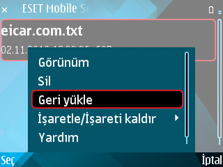 6. Tehdit bulundu Bir tehdit bulunursa, ESET Mobile Security sizden bir eylem gerçekleştirmenizi isteyecektir. Tehdit uyarısı iletişim kutusu Menü > Sil yolunu izlemenizi öneririz.