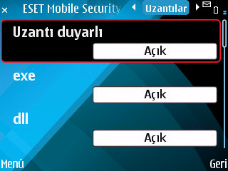 5.4 Uzantı ayarları Menü > Ayarlar > Uzantılar yolunu izleyerek mobil aygıtınızda taranacak dosya türlerini belirleyebilirsiniz.