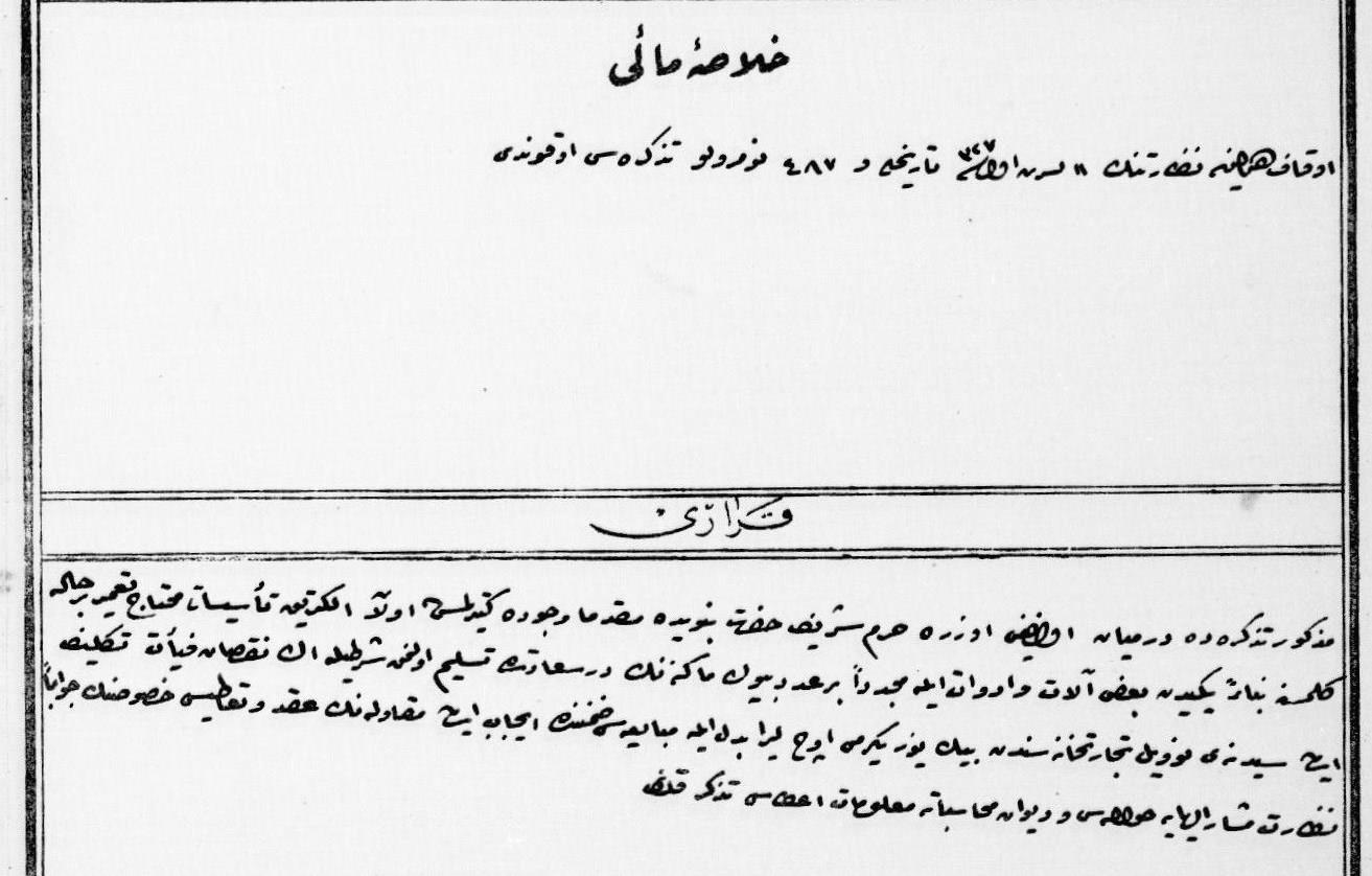 Mecli-i Vükela Müzakeratına Mahsus Zabıt Varakasıdır Hülasa-i Meali: Evkaf-ı hümâyun nezâretinin 11 Teşrin-i-evvel Sene (1)327 (24 Ekim 1911) tarihli ve 487 numerolu tezkiresi okundu.