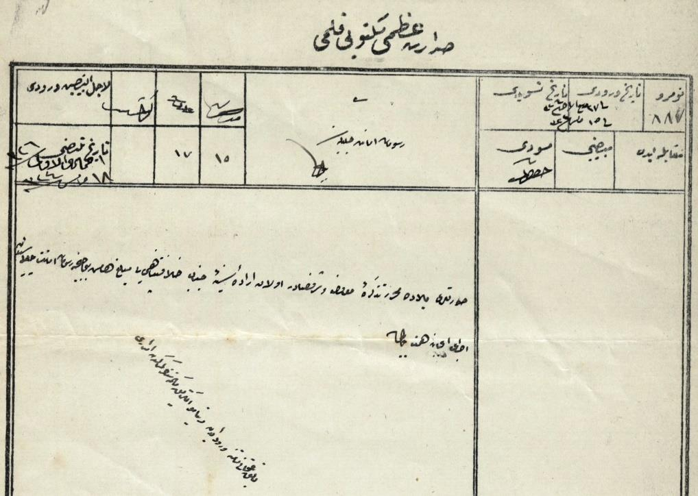 Hû Sadâret-i Uzmâ Mektûbî Kalemi Rüsumat Emaneti Celilesine Fi 1 (Ca) Cemaziye l-evvel Sene 1324 ve fi 18 Mayıs Sene 1324 () Suretleri bâlâda muharrer tezkire-i ma ruza ve şeref-varid olan irade-i