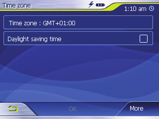 Navigasyon Olanaklı Settings (Ayarlar) menüsünü açabilmek için Time zone (Zaman dilimi) butonuna Listede şu anda sizin konumunuz için geçerli olan zaman dilimine (Batı Avrupa zamanı için "(GMT)