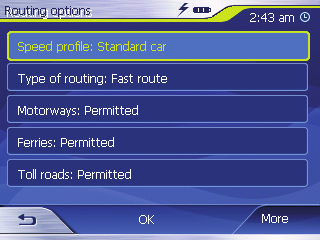 Rota opsiyonlarını belirlemek Rota opsiyonlarını belirlemek Routing options (Rota opsiyonları) menüsünde aracınızın hız profilini belirleyebilir, rota türünü ve kullanılacak cadde tipini
