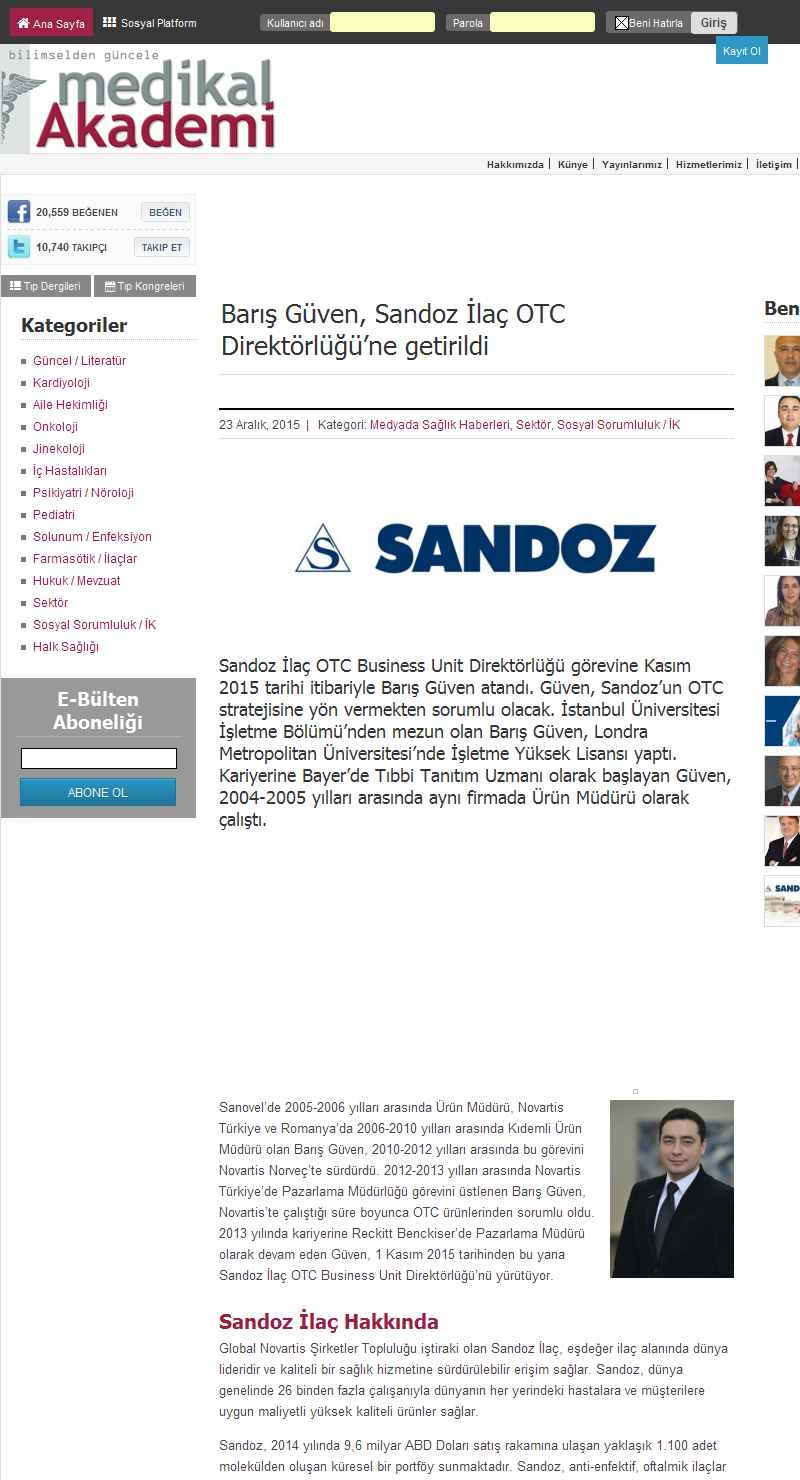 Portal Adres BARIS GÜVEN, SANDOZ ILAÇ OTC DIREKTÖRLÜGÜNE GETIRILDI : www.medikalakademi.com.